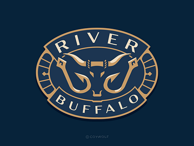 Crest Design: River Buffalo badge badge design boat branding brandmark crest fishing hook identity design illustration logo logo design logo designer logos patch print river typography water buffalo