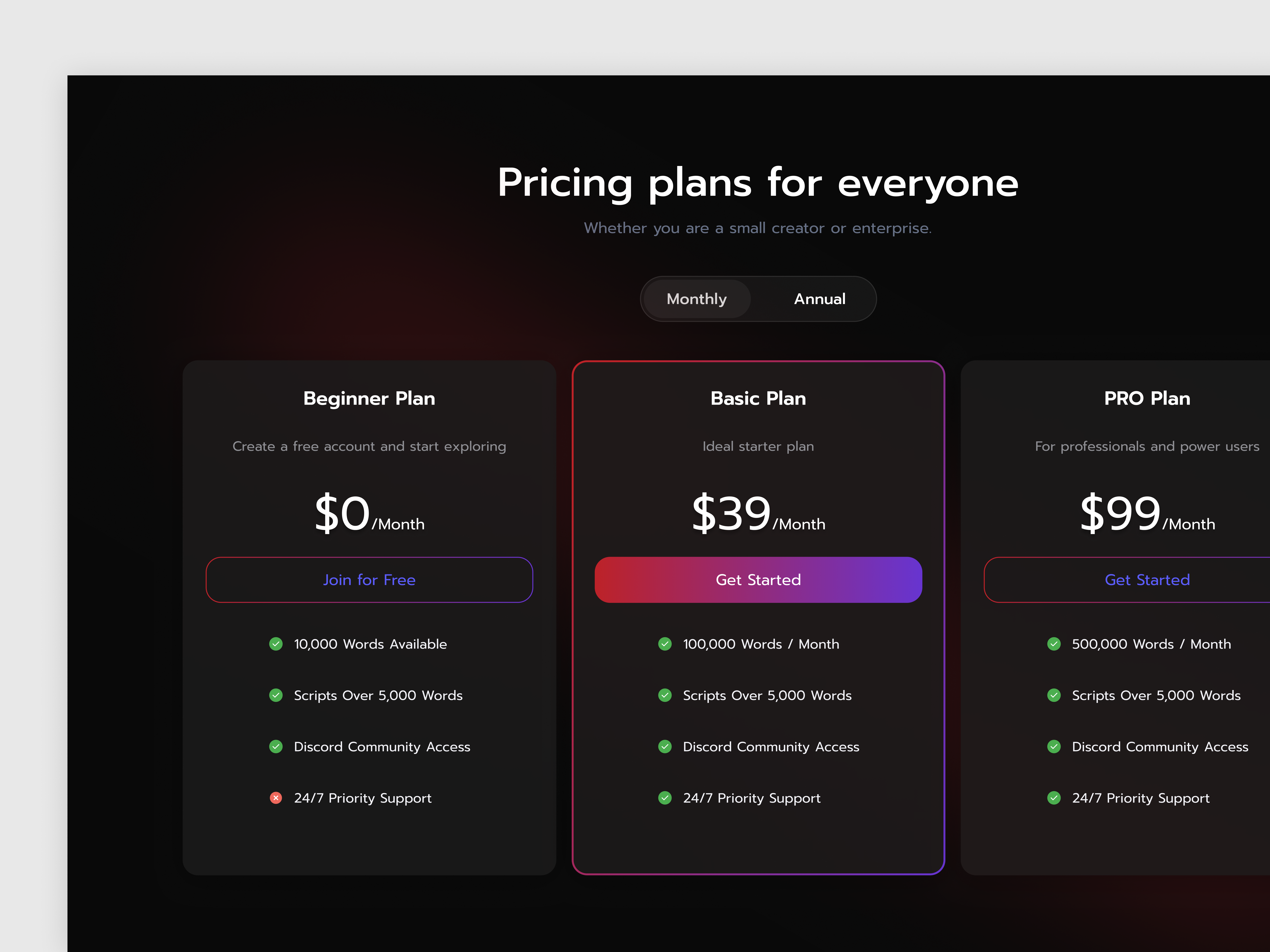 AutoScripter ai ai pricing plan ai product aitool darkui dashboard designsystem dribbble gradientui landingpage price pricing plane pricing table productdesign rate saas saasdesign startupdesign webapp webdesign