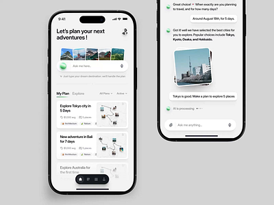 AI Travel Planner App - Planora✈️ (Animation) ai ai assistant animation app chat clean design details plan generate itinerary location maps minimalist motion plan planning travel traveling ui ux