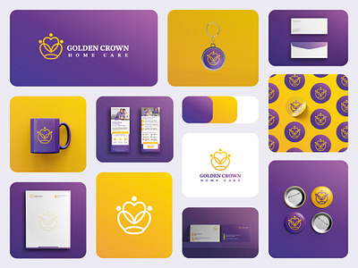 Golden Crown Home Care Full Branding adobe illustrator brand design brand guidelines brand identity brand logo branding guidelines branding mockup case study crown custom logo dribbble home care branding logo design logo presentation marufiam modern logo stationery visual identity yellow