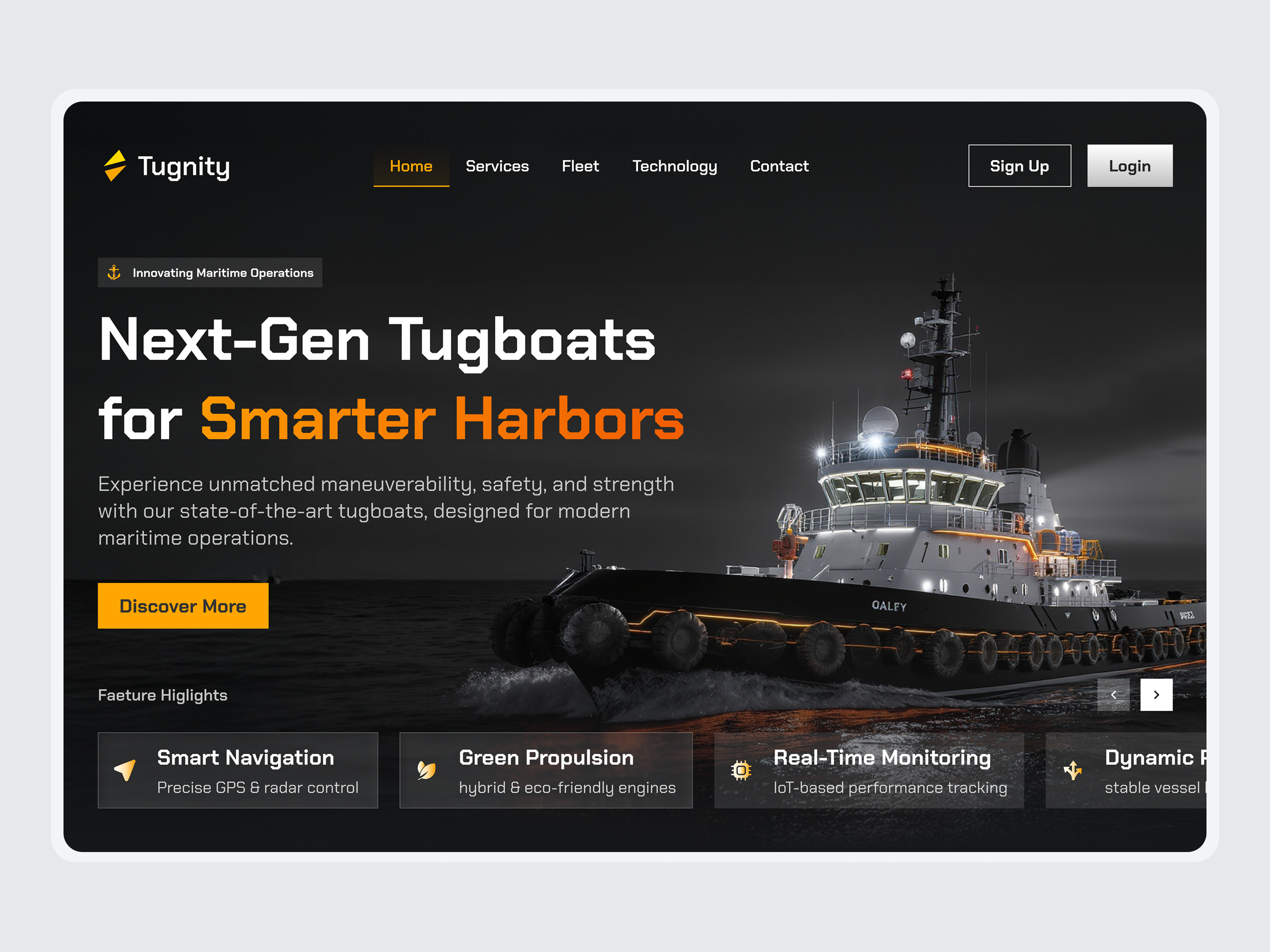 Next-Gen Tugboat Hero Section – Tugnity boat dark yellow ex design futuristic hero section homescreen indonesia kapal tunda landing page maritime pelabuhan pelindo robot ship tech tug boat tugboat ui design uiux web page