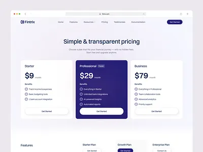 Fintrix - Pricing Section clean design finance fintech interface landing page minimalist pricing page pricing section saas startup ui ux web design