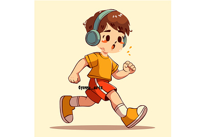 Cartoon Boy Running with Headphones active activity athlete cartoon children exercise fun happy healthy jogging lifestyle marathon practice run runner running sport sporty trainer workout