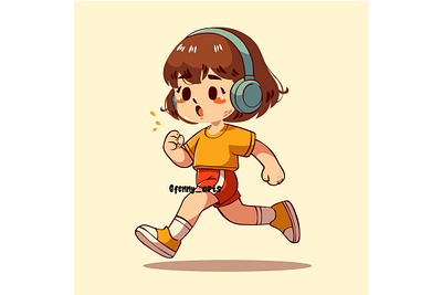 Cartoon Girl Running Wearing Headphones active activity athlete cartoon children exercise fun happy healthy jogging lifestyle marathon practice run runner running sport sporty trainer workout