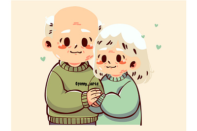 Cartoon Grandma and Grandpa Holding Hand aged caring celebration charity comfort community elderly happy japan japanese joy old older parents positive relaxing rest senior spirit together