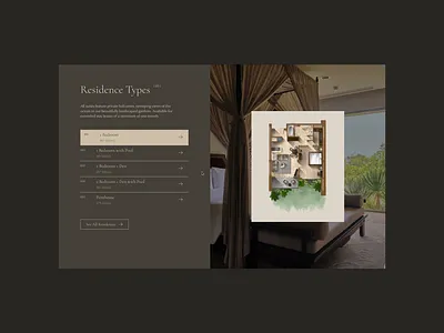 Ayana | Residence Type Slider Animation animation facilities gallery hospitality hotel interaction landing page luxury motion graphics residence resort room slider suites types ui ux villa webdesign website