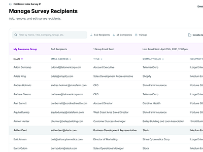 UserEvidence Manage Survey Recipients Table accordion app b2b flat group minimal saas section simple table text ui userevidence ux web web app