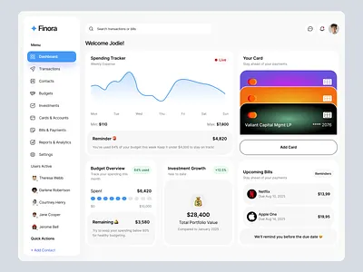 Finora - Financial Budget Management Dashboard app design dashboard data visualization design and development financial dashboard financial design ui ux web design xenity studio
