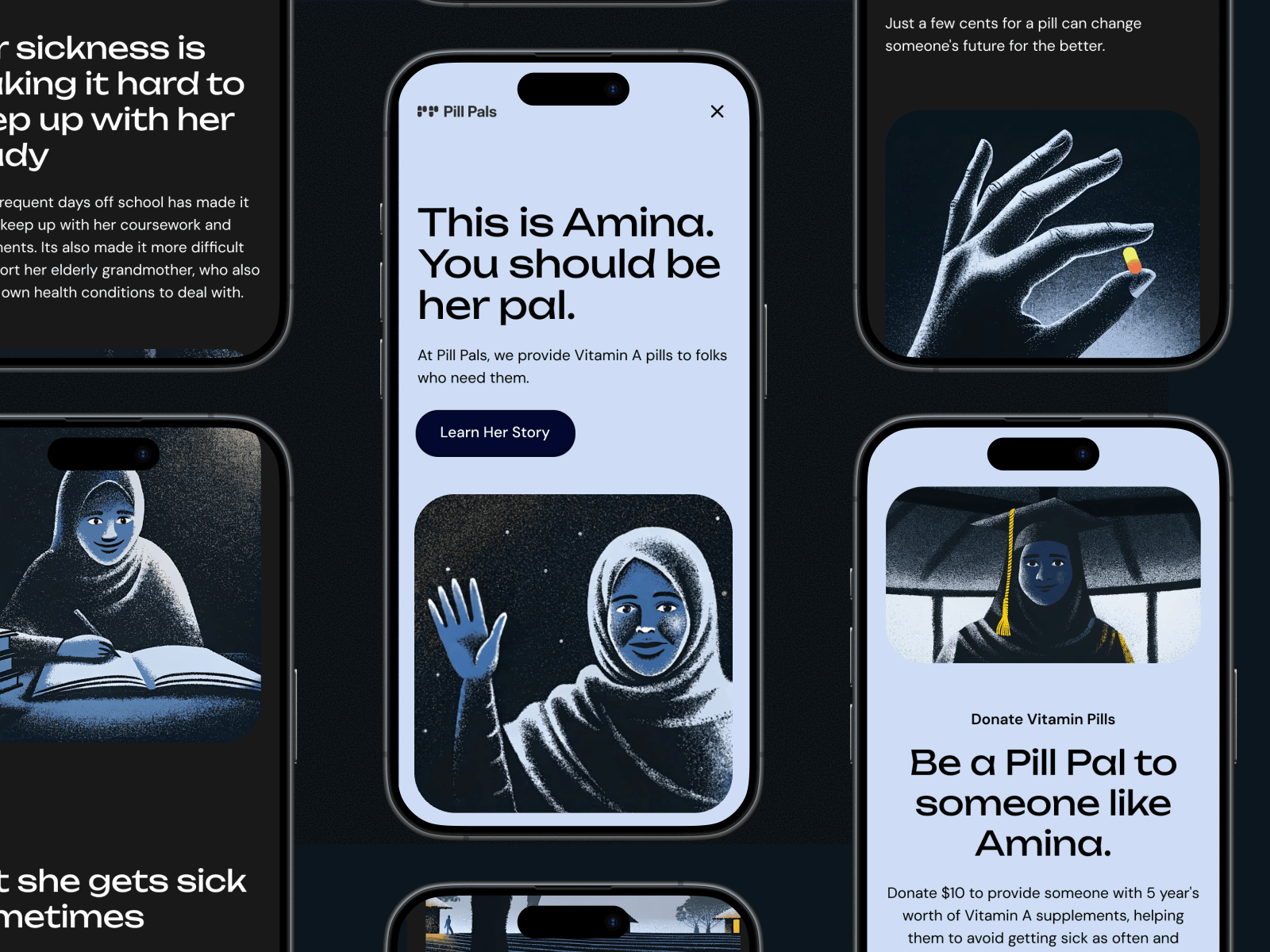 Pill Pals Animated Fundraiser Microsite animation black brutalist charity dark theme design gif trend typography ui web design website