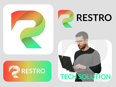 RESTRO R Modern Tech Logo abstract logo best logo creative logo custom logo gradient logo letter r monogram r logo r tech logo ribbon style logo rr logo saas lgoo tech logo technology logo typography r logo