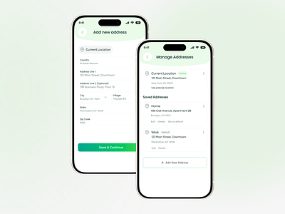 Modern - Grocery Mobile App. Smart Address Management UI addressmanagement androidui appdesign checkoutflow cleanui deliveryapp fooddelivery groceryapp grocerymobileapp interactiondesign iosdesign locationui minimaldesign mobileapp mobileui modernui productdesign uidesign uxdesign