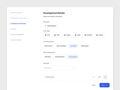 Property Development Details – Simplified and Organized add rules regulations dashboard module furnishing status highlight property value parking spaces instantly powerful layout property detailing simple property development details property view types real estate managers simplified organized streamline property management track construction