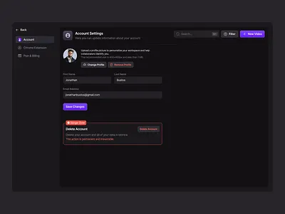 Account Settings account account page app desin clean dark dashboard dashboard design platform saas saas design sidebar ui uidesign uidesigner uiux uiuxdesign userinterface web app web app design