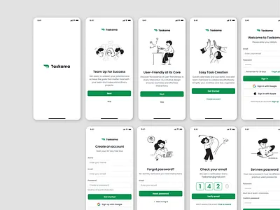 Taskama - Onboarding, Sign up, Login, Forget password ai auth flow illustration login mobile notioly reset password saas sign up taskama verify account