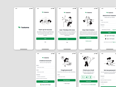 Taskama - Onboarding, Sign up, Login, Forget password ai auth flow illustration login mobile notioly reset password saas sign up taskama verify account