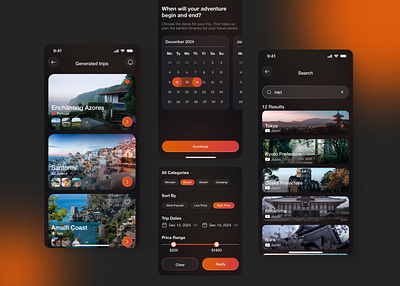 AI travel app | UI/UX ai app ai app design android app booking app concept calendar booking interface dark theme mobile app graphic design ios app luxury travel app mobile app mobile app design inspiration modern ui ux travel app design travel itinerary app travel tech trip planner ui ui ui design ux vacation planning app