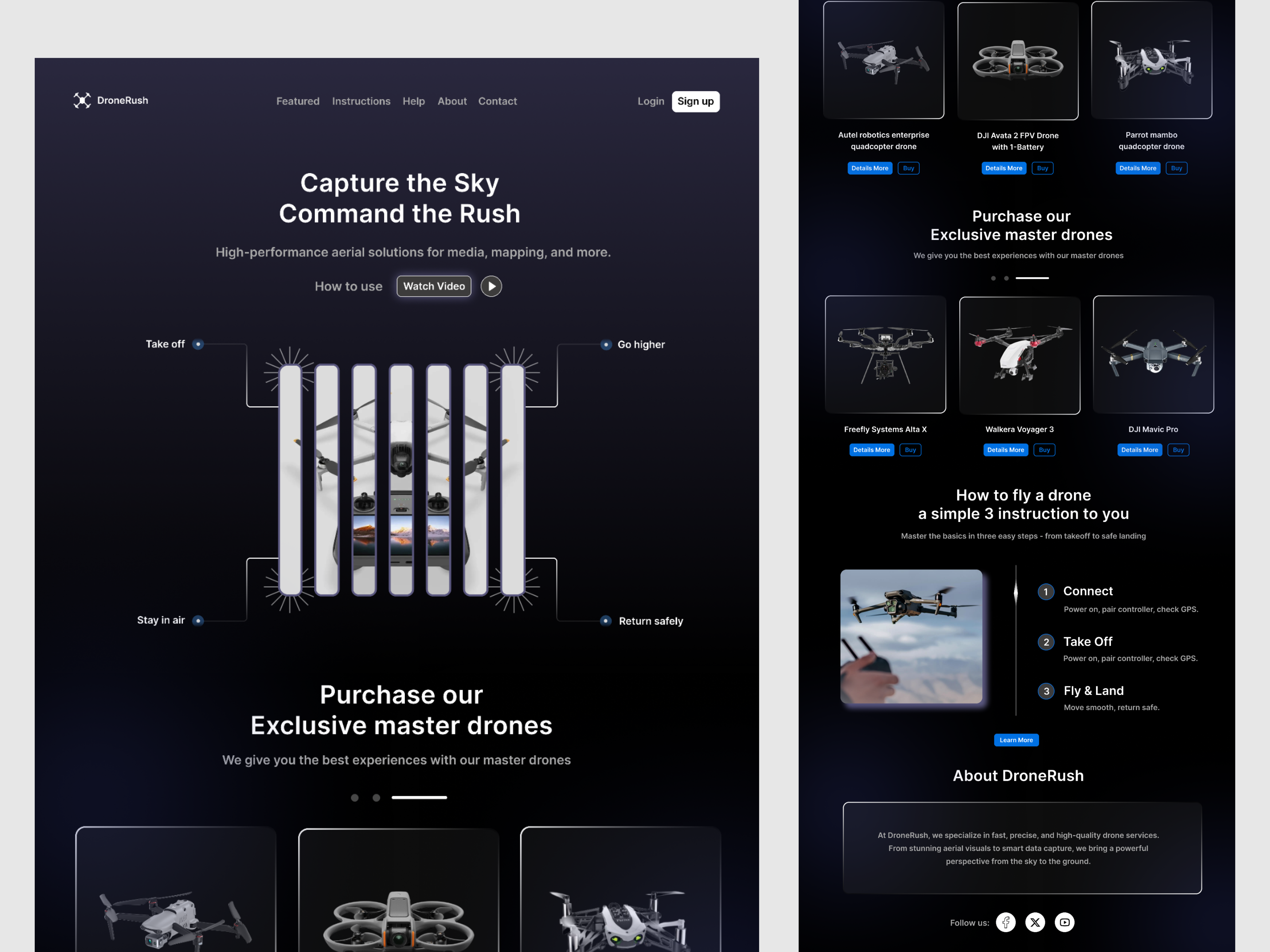DroneRush Landing Page Design Using Figma branding design drone dronecamera figma graphic design illustration landing page landing page design logo ui ui design uiux uiux design user experience user experience design user interface design website design website ui websiteui