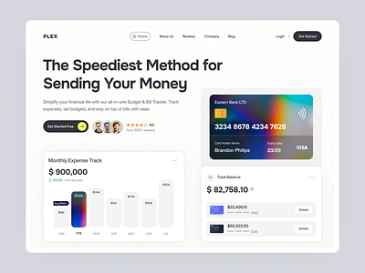 Plex - Finance Landing Page Header Exploration bills budget tracker credit card dashboard design finance financial data fintech header mobile banking money tracker product design saas saas landing page saas platform saas website startup ui ui design uiux