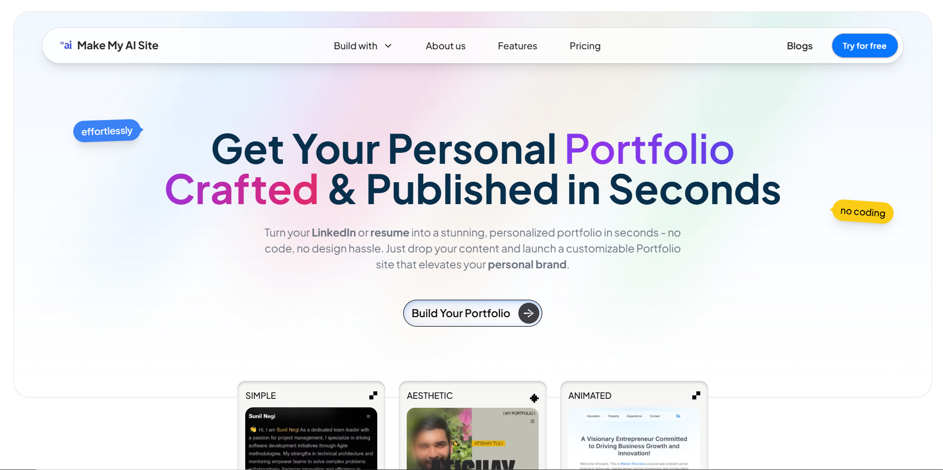 MakeMyAISite : AI-Powered Professional Portfolio Builder ai brand branding makemyaisite portfolio saas saasui simple ui uiux ux website