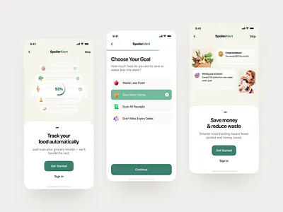 🥕 SpoilerAlert – Smarter Food Tracking & Waste Reduction app design figma food app ui food tracking app goal tracking ui minimal app design modern ui money saving app ui ui ux ux