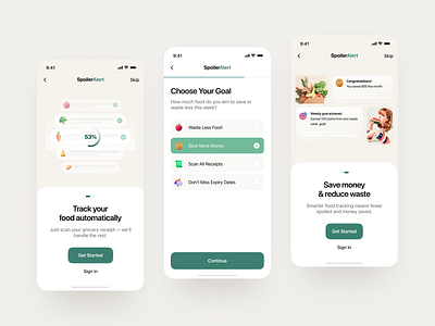 🥕 SpoilerAlert – Smarter Food Tracking & Waste Reduction app design figma food app ui food tracking app goal tracking ui minimal app design modern ui money saving app ui ui ux ux