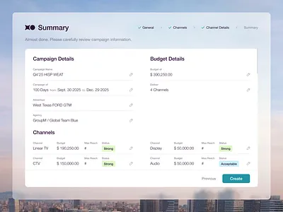 ADTech Company Dashboard advertiser budget complex dashboard data input media planning screen structure summary tool ui