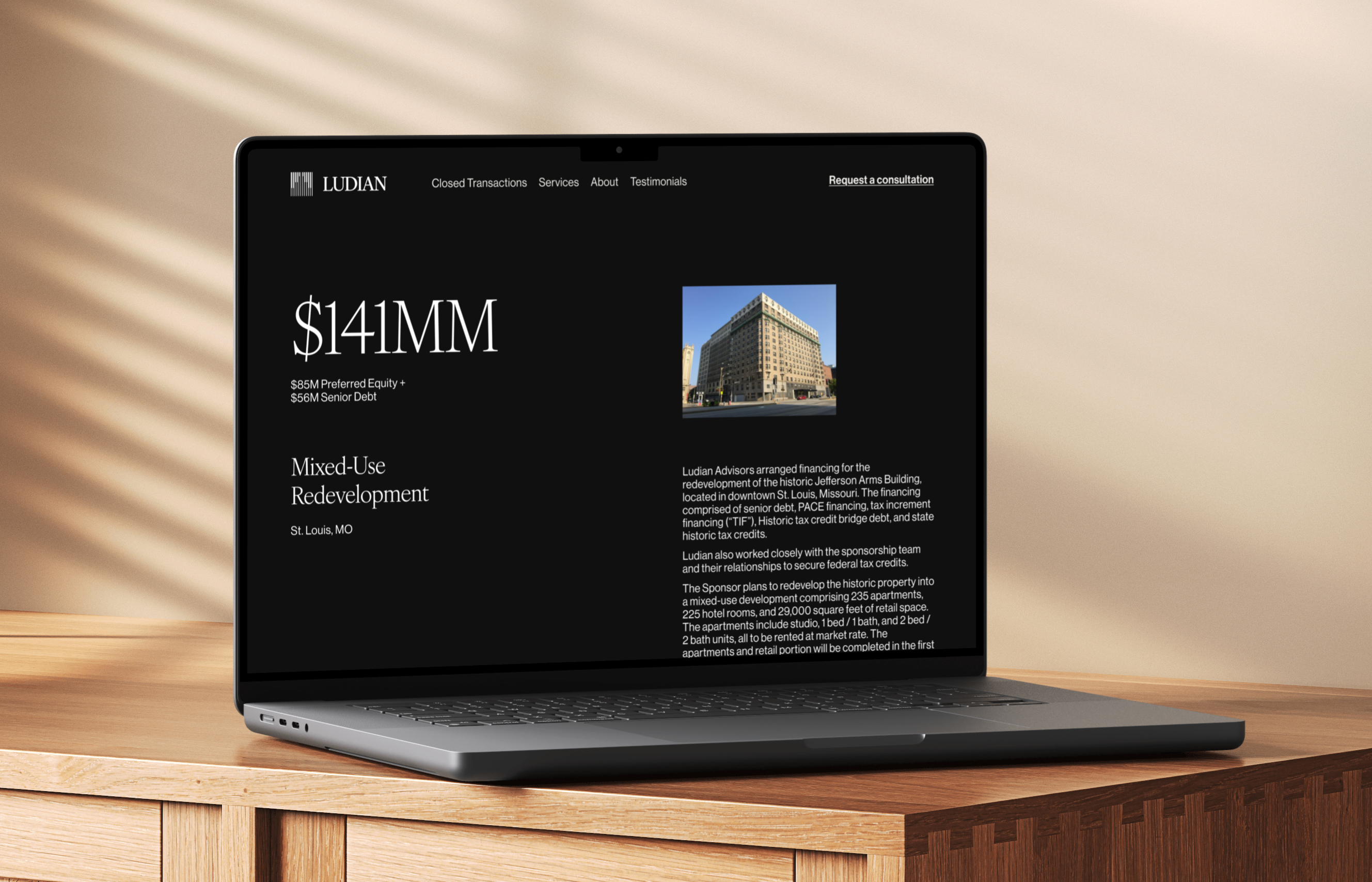 Case study website page for real estate capital advisory black case study clean dark theme deal portfolio elegant landing page minimal real estate serif web design website