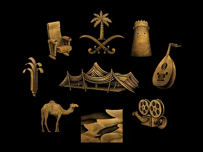 Film festival artworks branding camel camera cinema custom desert etching festival film graphic design icon icon set icons illustration logo movie palm sword tent theater