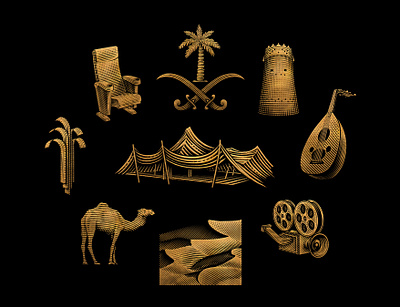 Film festival artworks branding camel camera cinema custom desert etching festival film graphic design icon icon set icons illustration logo movie palm sword tent theater