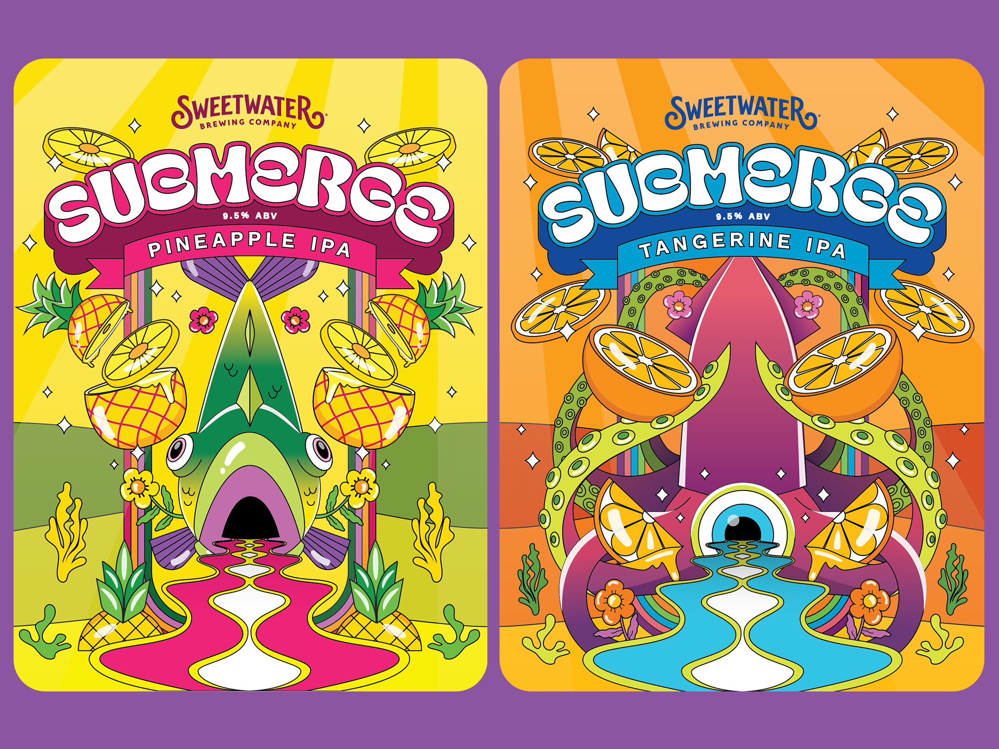 Submerge IPAs — Into the Psychedelic Depths 70s design aquatic beer label design beverage design brand characters brand mascot branding bubble letters bubble typography character design design fish flat illustration illustration label design packaging pineapple squid tangerine underwater