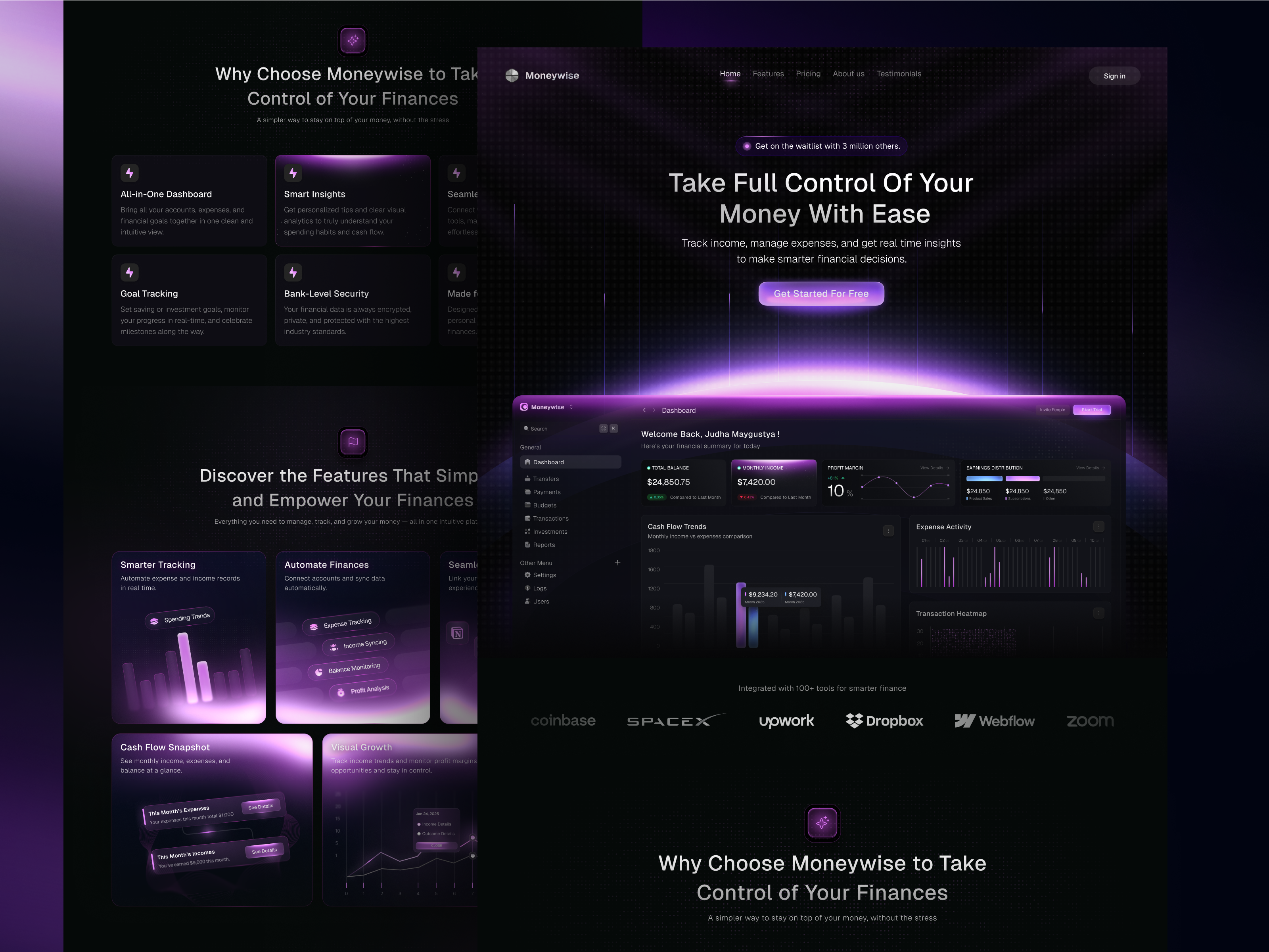 Moneywise - Finance Management Landing Page banking app budgeting app darkmode digital banking finance finance app financeapp fintech fintech startup investing app money management personal finance saas saas landingpage wealth management