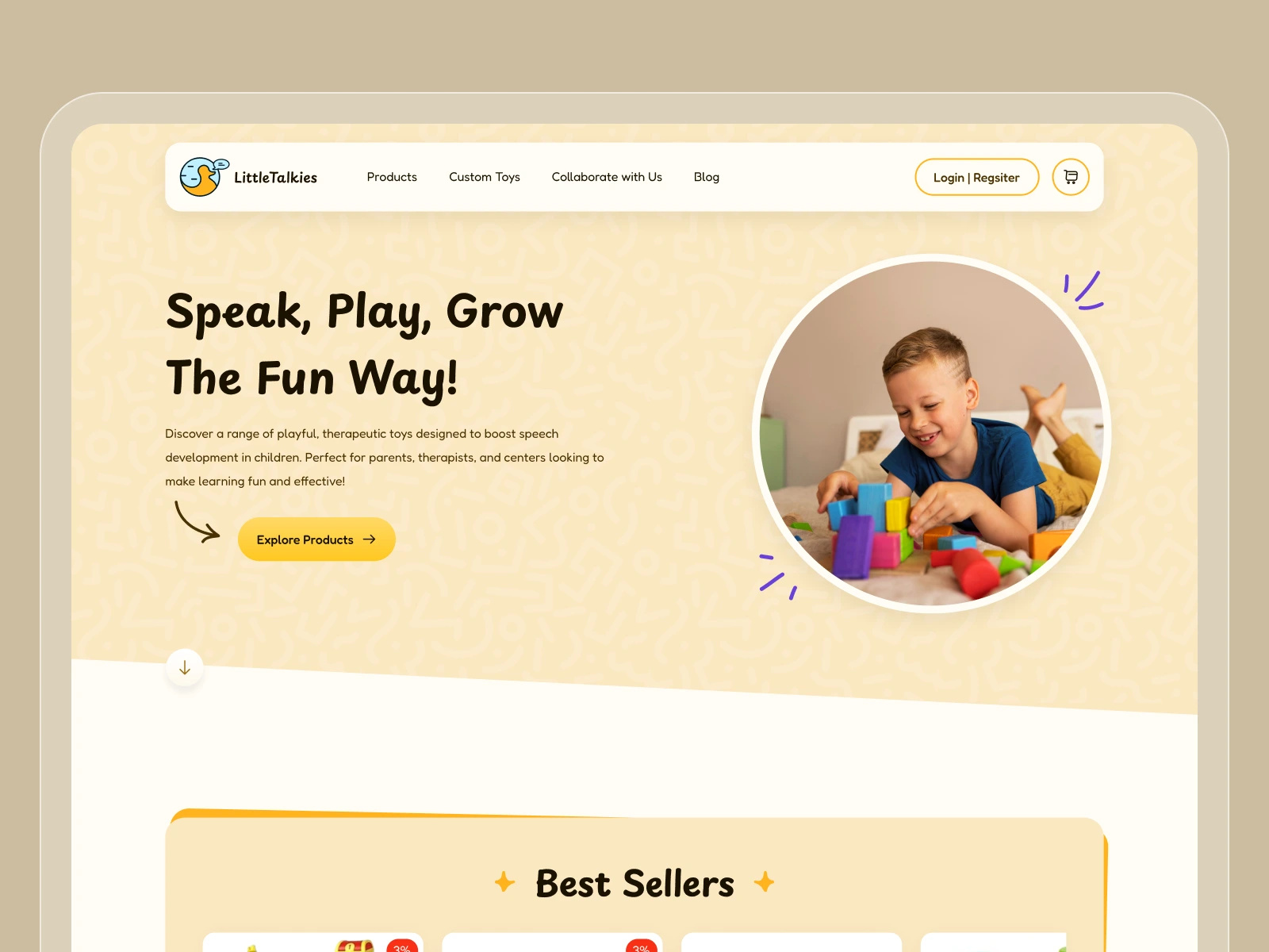 LittleTalkies - eCommerce ecommerce joy kids landing page playful speech therapy therapy toy ui ui design ux design warm yellow