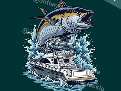 Tuna Fish Boat Fishing Logo Illustration Vector T Shirt Design wave