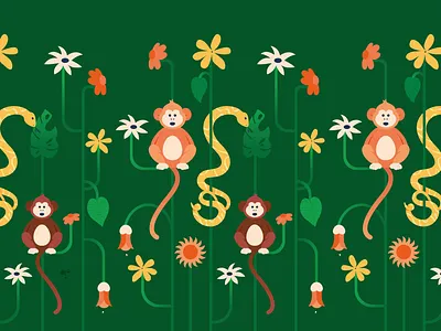 Tropical Tails animal botanical digital art flowers green illustration monkey nature nature art snake vector art yellow