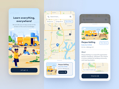 Mobile Library App 📚 app book bus child city design direction education filter illustration learning library location map mobile park playground ui ux vector
