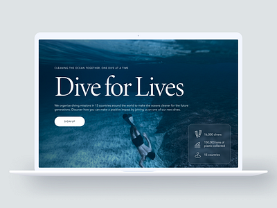 Dive for Lives - Non-Profit Website blue branding charity design dive diving freelancer landing page non profit ocean photography scuba sea statistics ui volunteer website