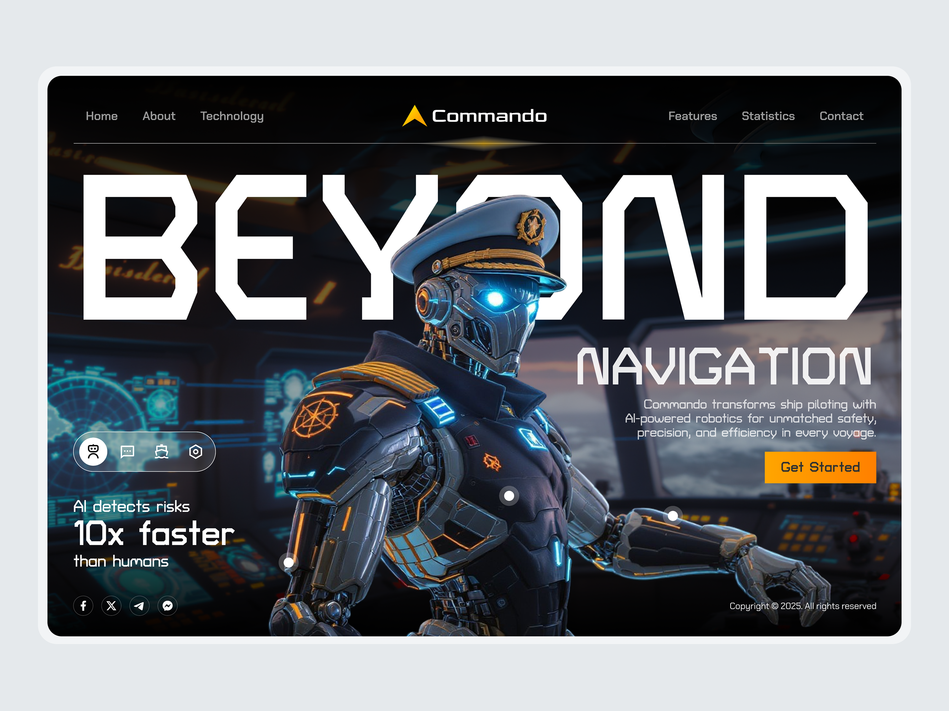 Commando — Beyond Navigation, The Future of Piloting ai dark mode futuristic graphic design hero homepage landing page maritime modern navigation pandu pilot robot ship ui uiux ux web design