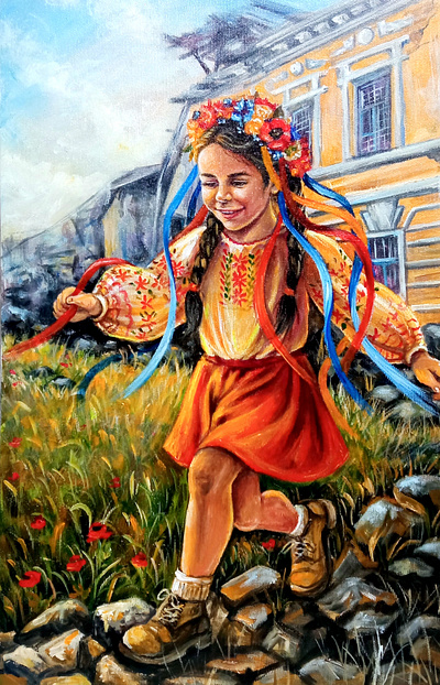 Original Acrylic Painting, Kid Girl in National Wear, War Art Uk art design girl hand painted handmade kid paint painting ukraine war