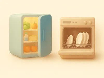 3D Fridge & Dishwasher Repair Illustration | Modern Appliance 3d appliances drawn kitchen repair dishwasher