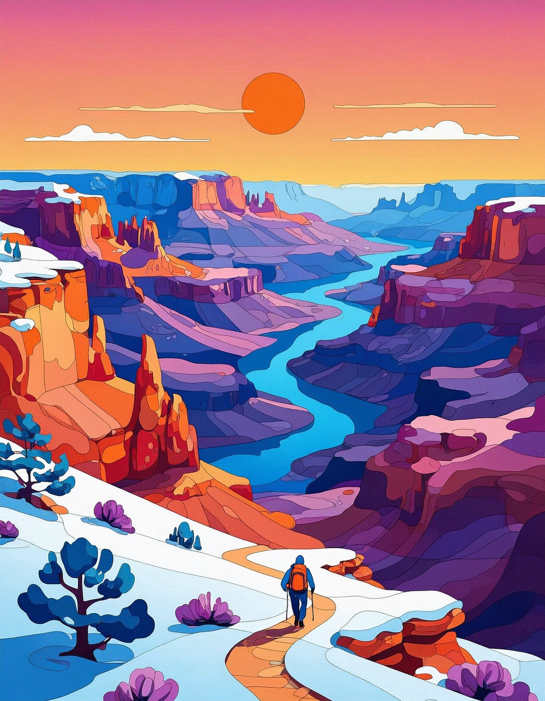 Hiking the Grand Canyon in Winter – Snowy Canyon Illustration national parks wall art