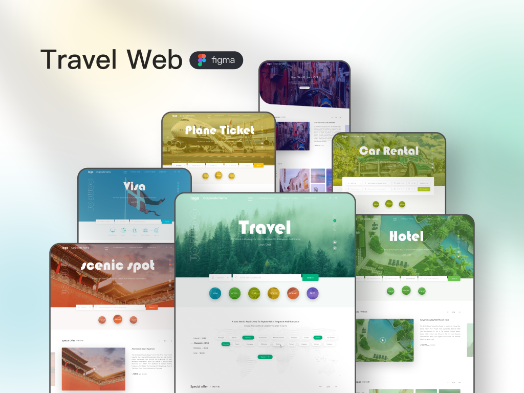 Travel Web attraction ticket purchases car rental services customized services dynamic effects figma flight ticket ordering hotel reservations interactive template travel travel booking travel web ui ux visa processing web