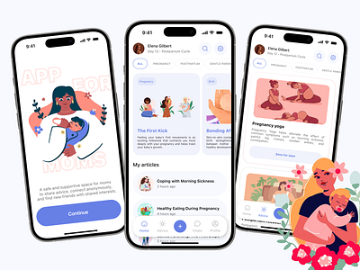 Social Mobile iOS App For Moms android app app design branding chat dashboard design health interface ios mobile mobile ui motherhood parenting purrweb agency social ui ux