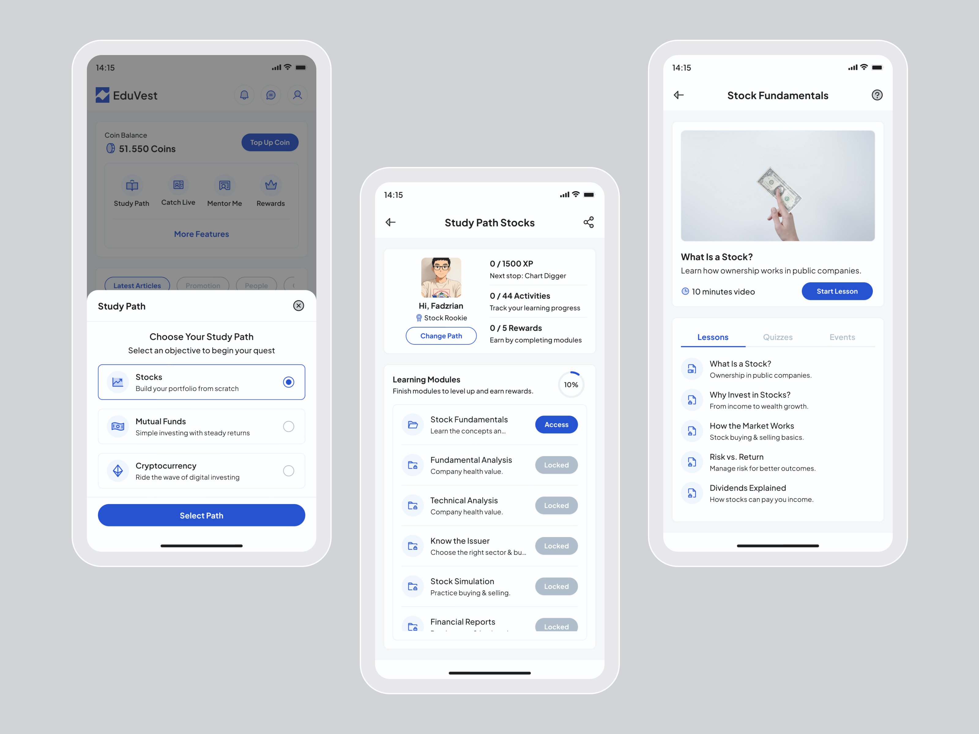 EduVest – Finance Learning App Concept appdesign cleanui designexploration digitalproduct interactiondesign minimaldesign mobileapp productdesign uidesign uiux uxdesign visualdesign