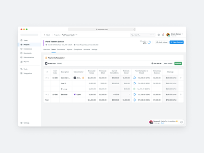 Project Line Item Dashboard accounting billing clean construction flat invoice minimal saas table tailwind ui vertical saas web app white