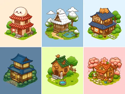 Japanese Building Series🏠⛩️🏮 architecture branding building cottege doodle exterior flat garden house icon illustration isometric japan japanese kyoto logo spring traditional winter wooden