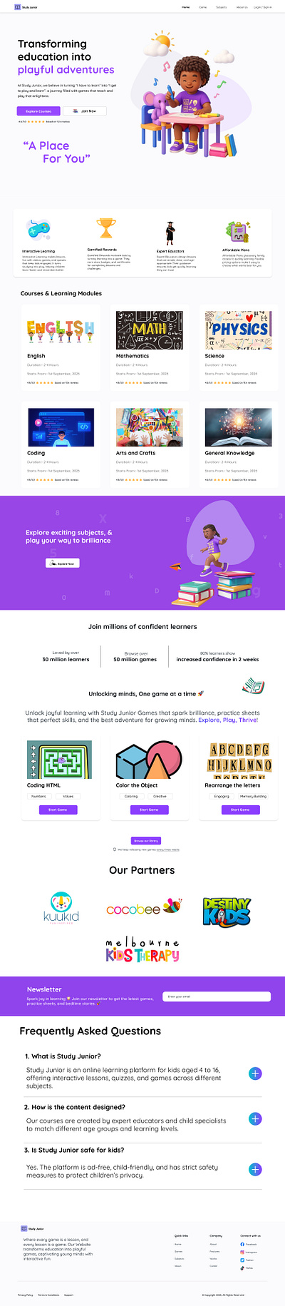 Study Junior Kids e-learning figma graphic design kids e learning ui ux website design website home page