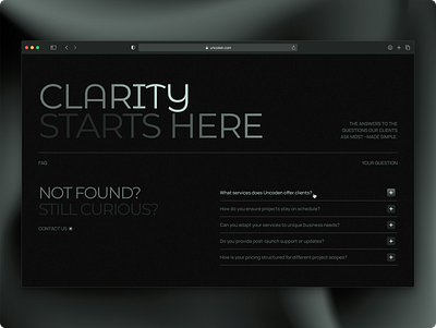 Uncoden - FAQ Section contact page dark theme design design agency documentation faq framer frequently asked questions minimal product design questions simple ui ux web design website wiki
