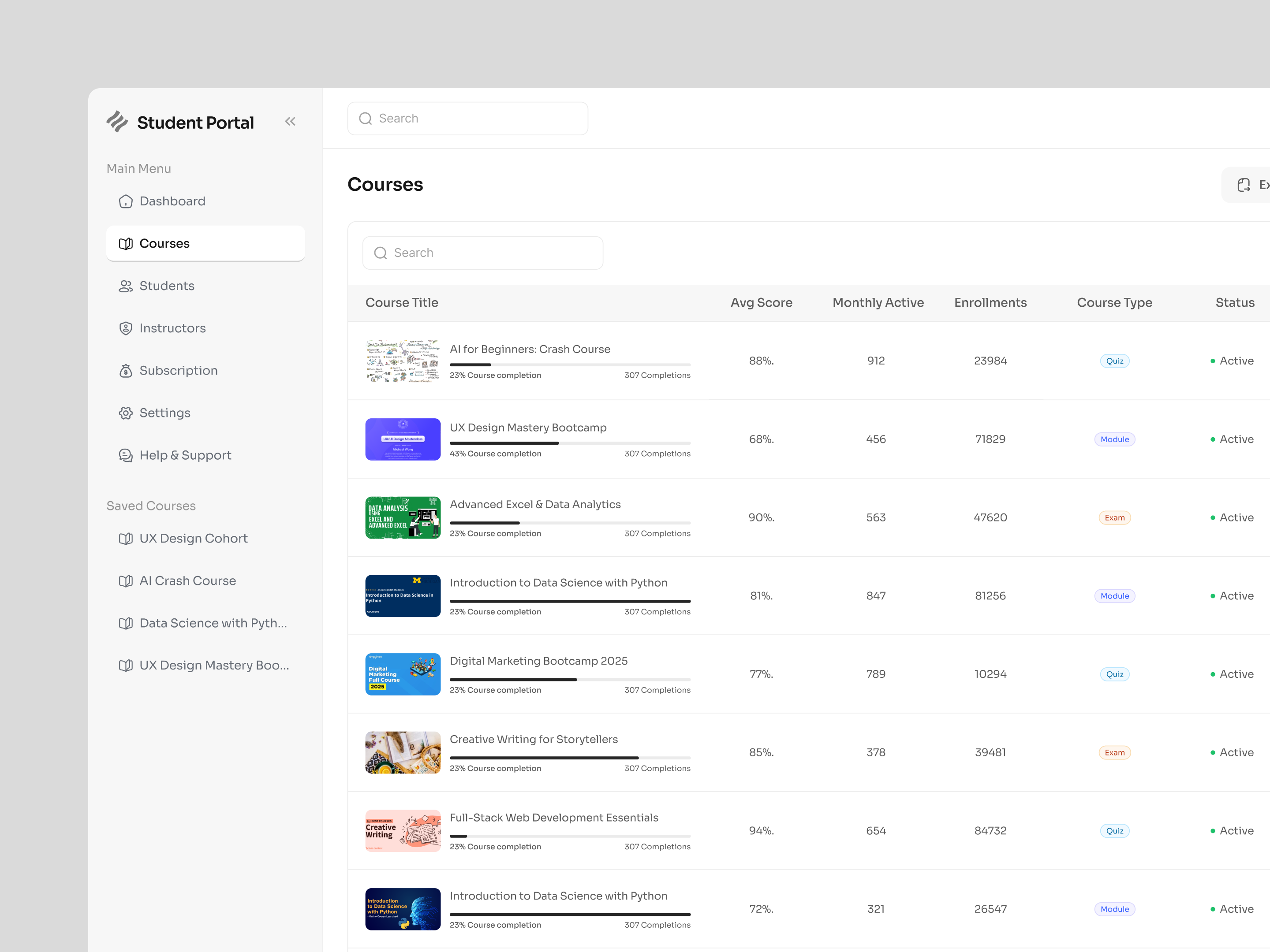 Student Portal UI Design course dashboard data heavy lms minimal navigation bar progress bar student portal table tag ui userinterface ux