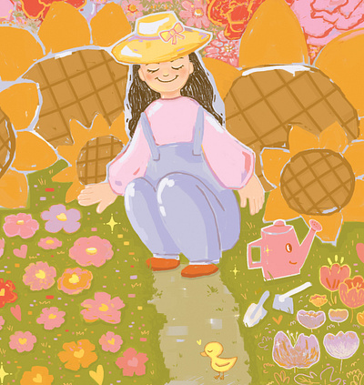Garden farmer girl characters illustration