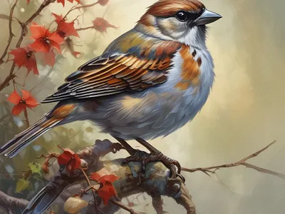 Realistic Sparrow Illustration on Autumn Branch forest bird